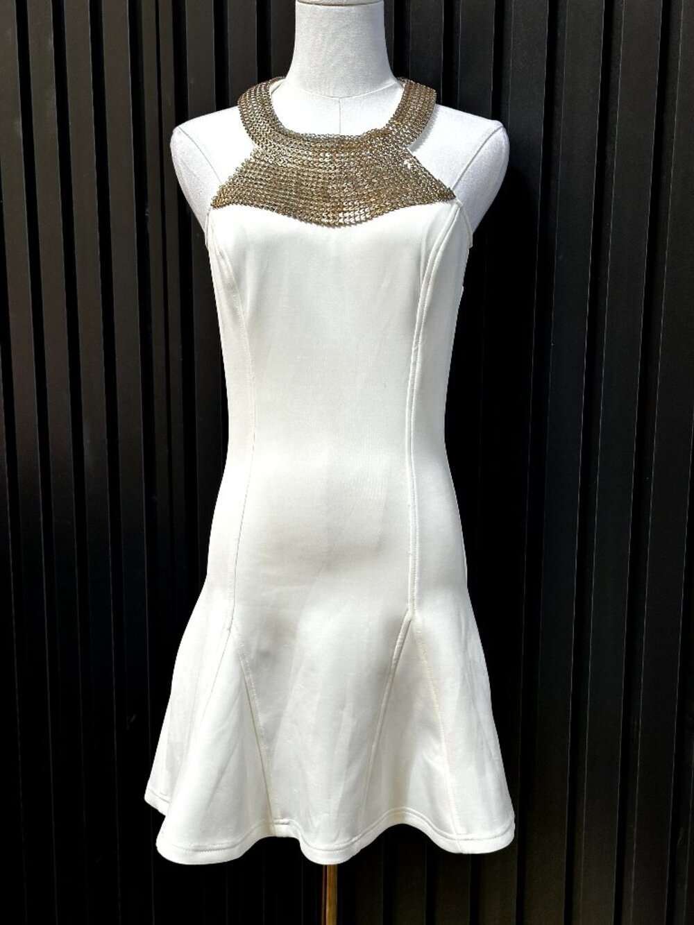 White Gold Chain Mesh Collar Mini Dress Halter Neck Flare Hem Bodycon Formal